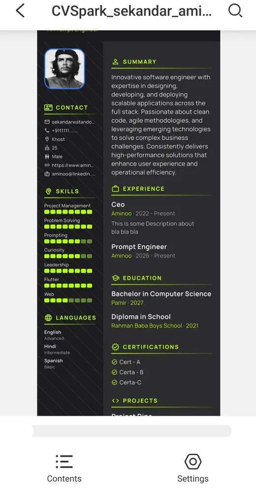 Dark sidebar résumé template with lime green block skill meters