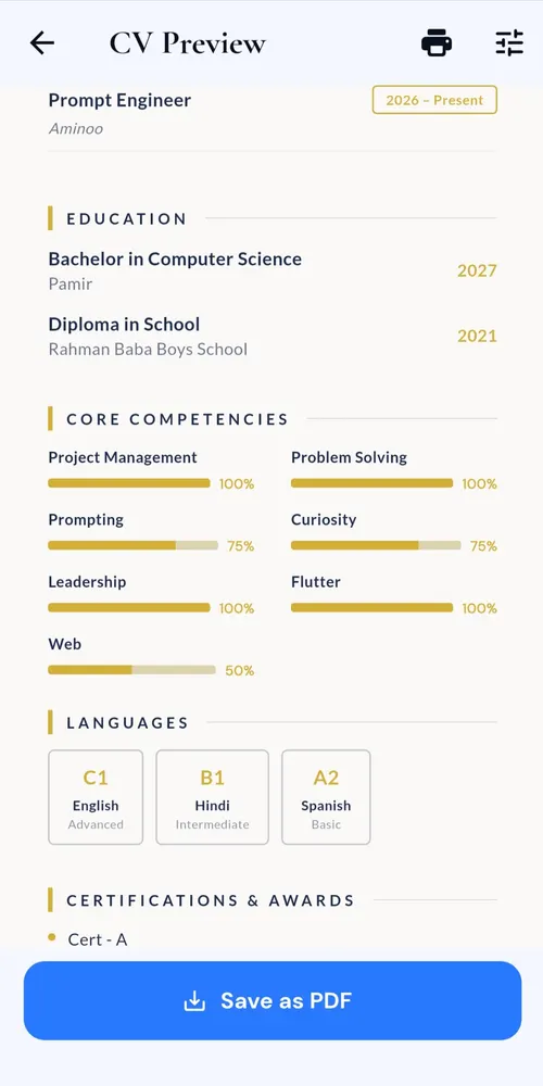 A CV Spark résumé preview with gold skill bars